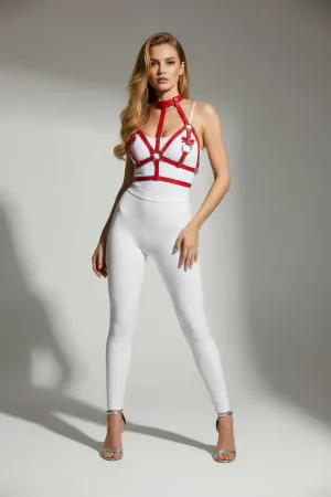 Red Faux Leather Chest Harness High Neck Collar Silver O-Rings Model Full Body