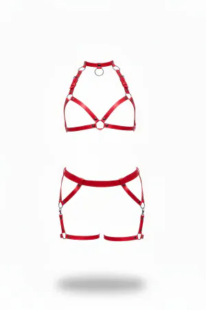Red Faux Leather Halter Harness and Garter Shorts Set with Silver O-Rings