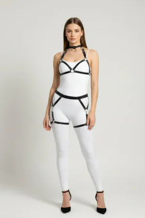 Black Vegan Leather Full Body Harness with Strappy Chest and Thigh Details