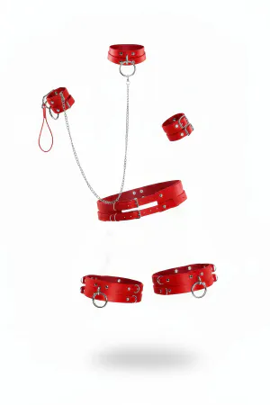 Red Faux Leather Body Harness Set Silver Chains O-Rings Buckles