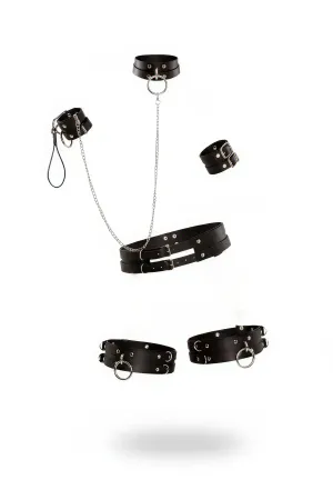 Black Faux Leather Harness Set with Silver O-Ring Chain and Buckle Cuffs