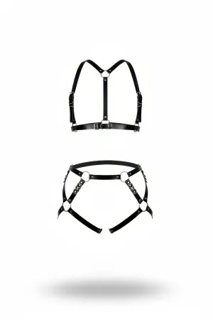 Black Faux Leather Chest and Garter Harness Set Adjustable Straps Studded O-Rings