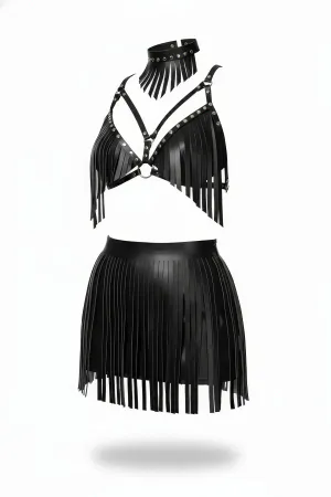 Siyah Püsküllü Suni Deri Bralet Etek ve Yaka Seti, metal detaylı