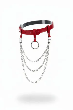 Red Faux Leather Waist Belt with Cascading Silver Chains and O-Ring