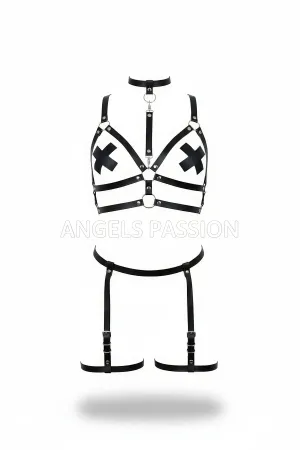 Black Faux Leather Full Body Harness with Cross Bust and Detachable Garter Straps