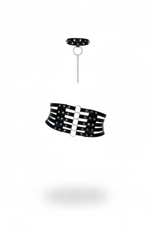 Black Studded Vegan Leather Waspie Corset Belt and Choker Set with Chain