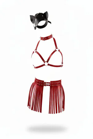 Kırmızı Suni Deri Zımbalı Mini Etek Harness Bel Detayı Püsküllü Tasarım