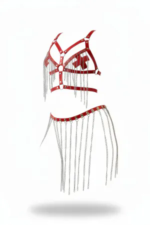 Red faux leather chain harness bralette and skirt set