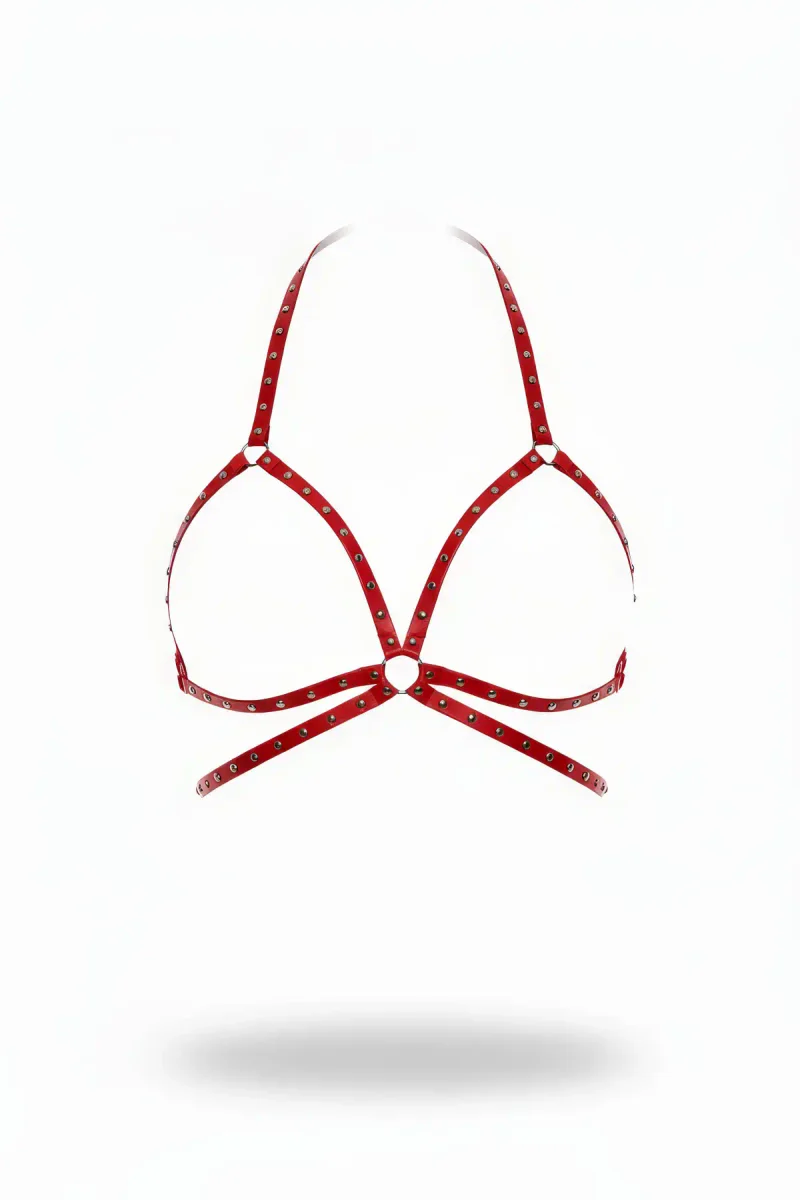Kırmızı Faux Leather Göğüs Harness Zımba Detaylı Kadın İç Giyim Aksesuarı