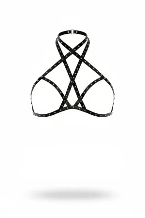 Black Studded Faux Leather Halter Neck Chest Harness Bra Top