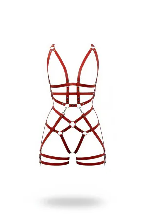 Red Faux Leather Full Body Harness Women Intricate Strappy O-Ring Design