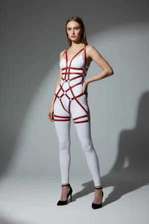 Red Faux Leather Full Body Cage Harness Women Adjustable O-Ring Straps