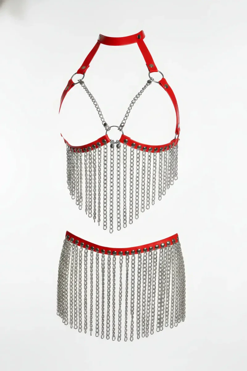 Red Faux Leather Chain Fringe Halter Harness and Skirt Set