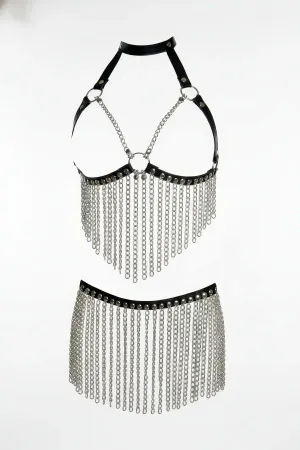 Black faux leather harness bralette with silver chain fringe and matching skirt