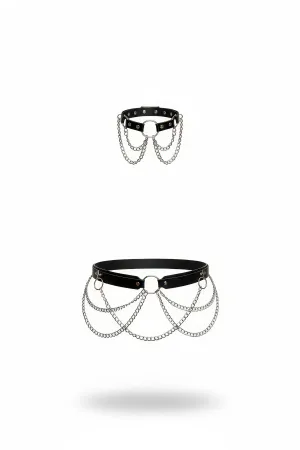 Black Faux Leather Waist Harness Draped Chains O-Ring