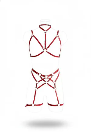 Faux Leather Body Harness Burgundy Caged O-Ring Set with Choker & Garter Straps on Mannequin
