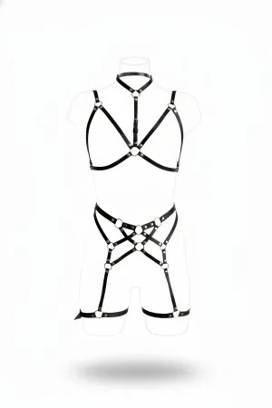 Black Faux Leather Full Body Harness Women O-Ring Details Adjustable Straps