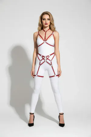 Red Faux Leather Body Harness with Silver O-Rings, Multi-Strap Design over White Bodysuit