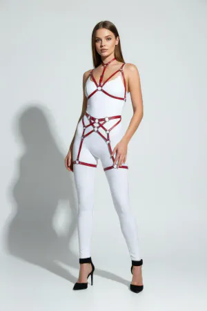 Red Faux Leather Body Harness with Silver O-Rings, Multi-Strap Design over White Bodysuit