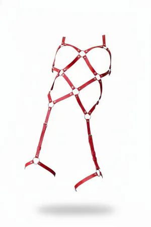 Red Faux Leather Full Body Cage Harness Women Silver O-Rings