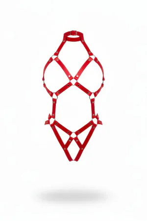 Red faux leather strappy body harness with silver hardware