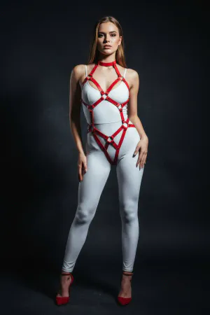 Red faux leather full body harness with choker and O-ring details