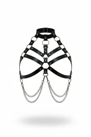 Black Faux Leather Halter Body Harness with Silver O-Ring and Detachable Chains
