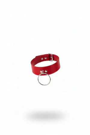 Red Faux Leather Choker with Silver O-Ring Detail and Buckle