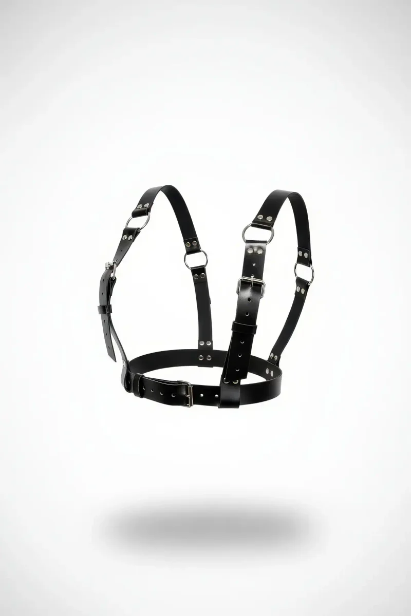 Black vegan leather adjustable chest harness with dual buckle shoulder and waist straps