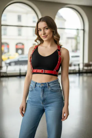 Red Faux Leather Chest Harness with Adjustable Silver Buckles