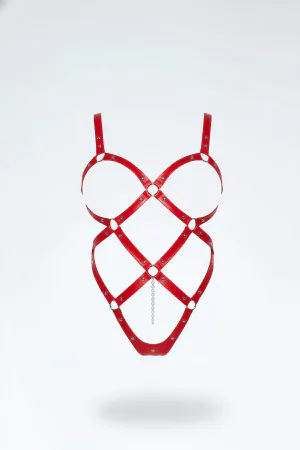 Kırmızı Body Harness Deri Kafes Yapılı Metal Halka Detaylı - APFT542