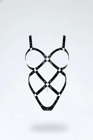 Black faux leather strappy studded body harness with chain detail