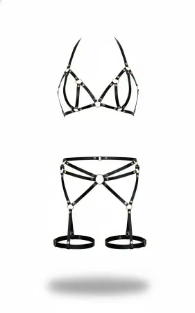 Black Faux Leather Strappy Harness Bra and Garter Belt Set with O-Rings