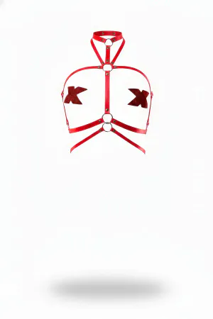 Red Vegan Leather X-Shape Bust Body Harness with Choker Collar Silver Hardware