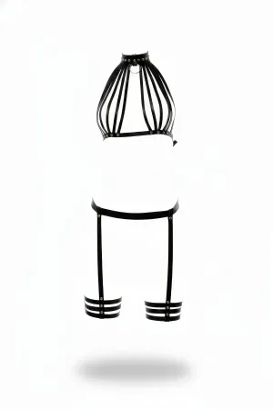Black Faux Leather Full Body Harness with Strappy Halter Top and Thigh Cuffs