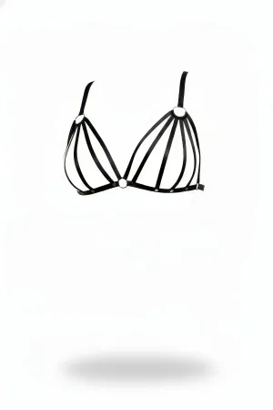 Black Faux Leather Caged Bra Harness with Silver O-Rings
