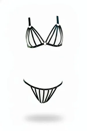 Black Caged Harness Bra and Thong Set Faux Leather O-Ring Details
