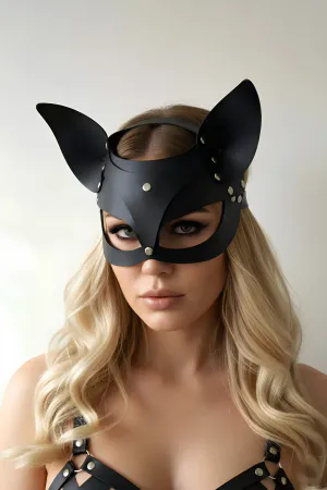 Black Faux Leather Cat Mask Studded Ears Headband