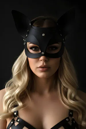 Black Faux Leather Cat Mask Studded Ears Headband