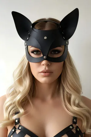 Black Faux Leather Cat Mask Studded Ears Headband