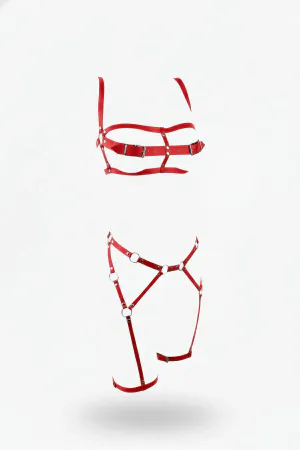 Red Faux Leather Ring Detailed Harness and Garter Set