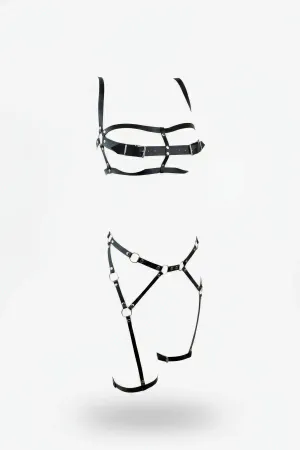 Black Faux Leather Caged Harness Bra Top and Garter Leg Set with Silver O-Rings