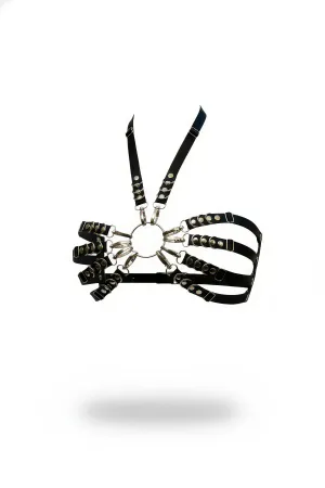 Black Faux Leather Chest Harness Multi-Ring Bustier Style Adjustable Straps