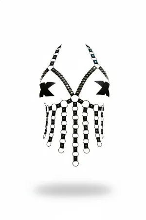 Black Faux Leather Halter Chest Harness with Studded Chain & O-Ring Fringe
