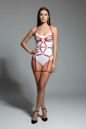Red Faux Leather Strappy Body Harness with O-Ring and Garter Detail