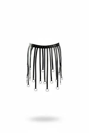 Siyah suni deri harness etek, metal halka detaylı, ayarlanabilir bel bandı