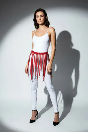 Red Faux Leather Waist Harness with O-Ring Fringe