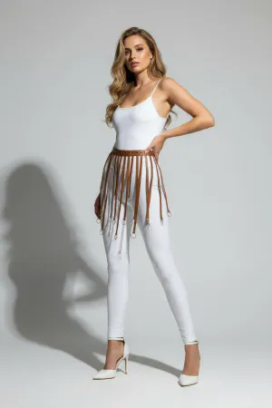Tan faux leather waist harness with draping silver O-ring chains