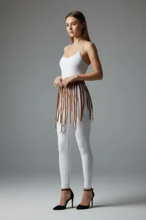 Tan faux leather waist harness with draping silver O-ring chains