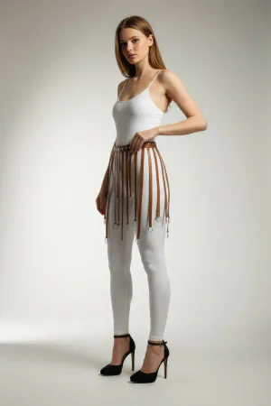 Tan faux leather waist harness with draping silver O-ring chains